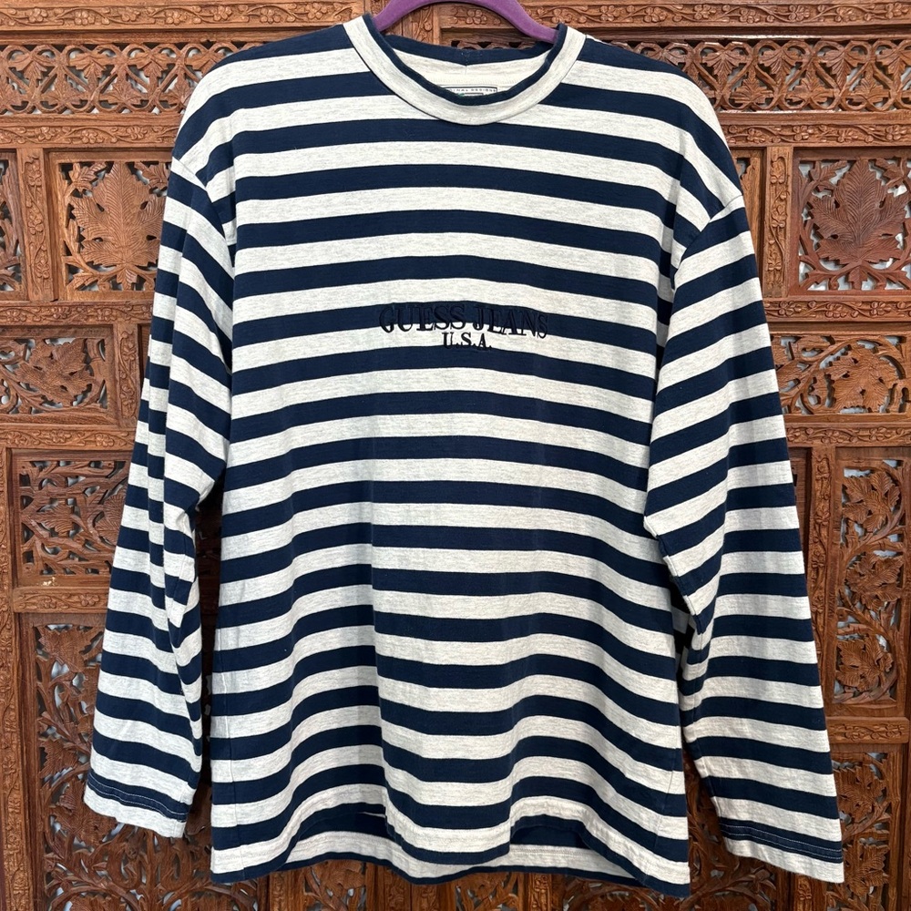 Vtg 90s Guess Jeans Made in US Striped Long Sleeve Shirt Navy Gray Large